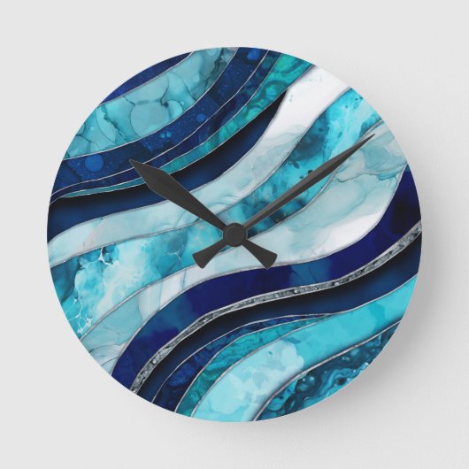 Waves - Mixed Media Blue Abstrakt Runde Wanduhr (Vorderseite)