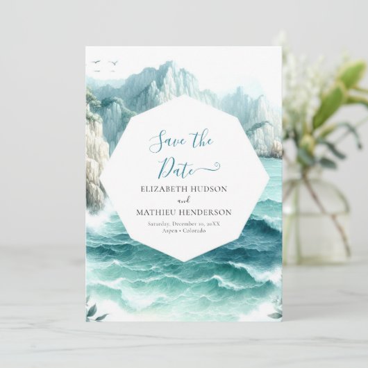 Waves Modern Nautical Wedding Save The Date (Stehend Vorderseite)