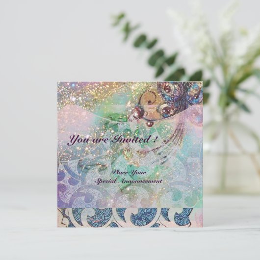 WAVES RUBY, hellrosa, rosa goldfarbene Glitzern Einladung (Stehend Vorderseite)