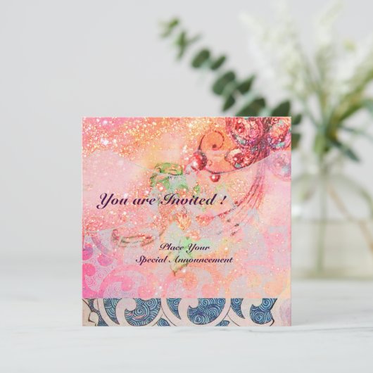 WAVES RUBY, hellrosa, rosa goldfarbene Glitzern Einladung (Stehend Vorderseite)