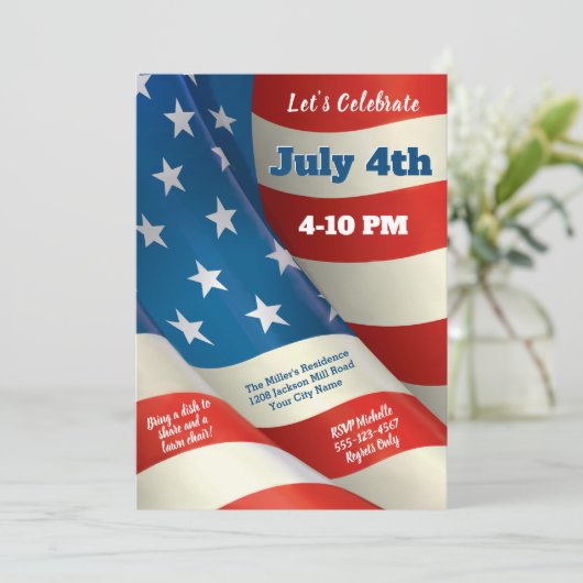 Waving U.S Flag 4. Juli Party Einladung (Stehend Vorderseite)