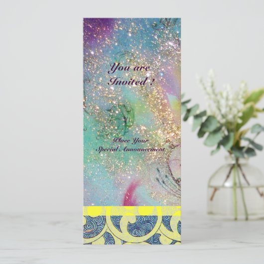 WAVS , hellgelb-blaue Glitzern in Rosa Einladung (Stehend Vorderseite)