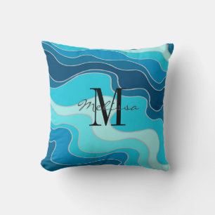 Wavy Blue Abstrakt Ocean Waves Mit Monogramm Kissen