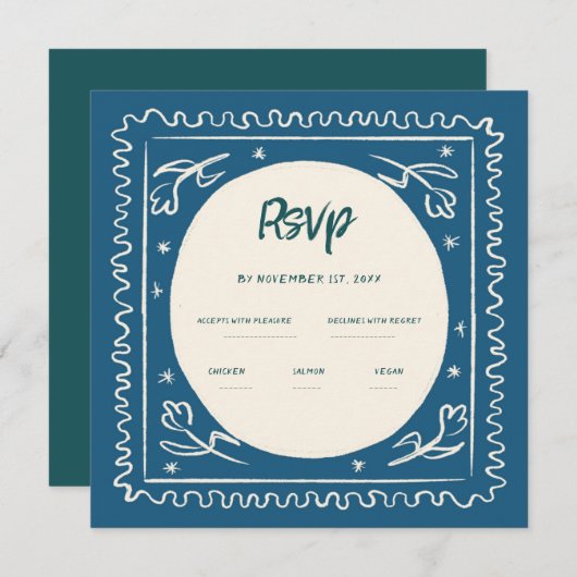 Wavy Blue Handwriting Retro Wedding Rsvp Einladung (Vorne/Hinten)