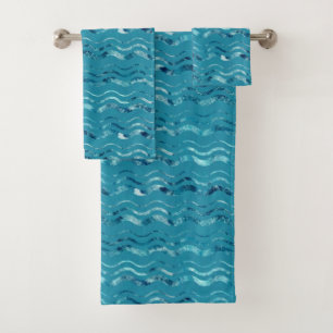 Wavy Blue Sea Pattern Badhandtuch Set