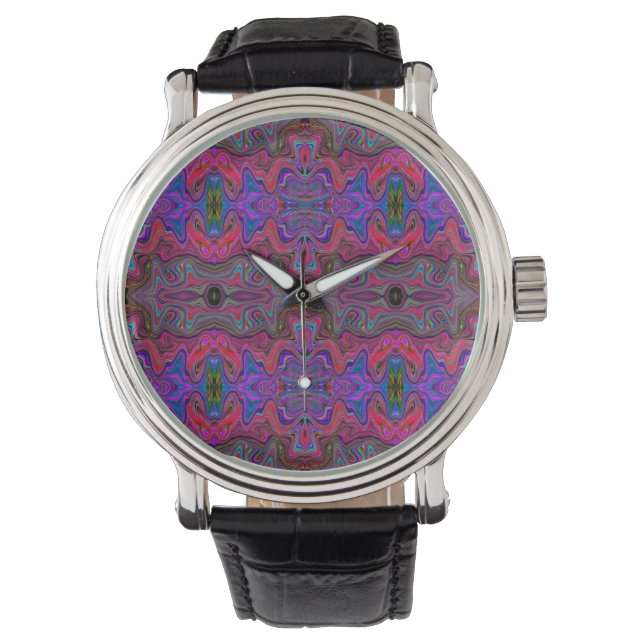 Wavy Blue und Rainbow Red Trippy Muster Armbanduhr (Vorderseite)