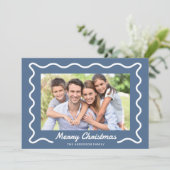 Wavy Border Frohe Weihnachten 3 Fotos Blau (Stehend Vorderseite)