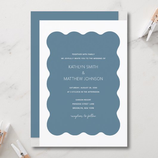 Wavy Border Modern Retro Dusty Blue Wedding Einladung