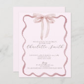 Wavy Border Pink Bow Girl Babydusche Einladung (Vorne/Hinten)
