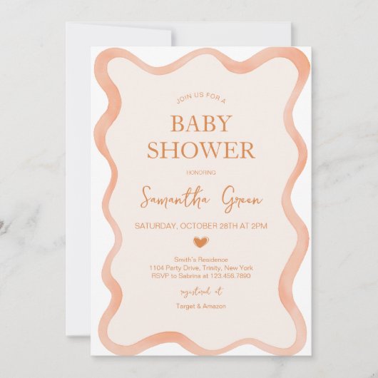 Wavy Border Rustic Orange Baby Dusche Einladung (Vorderseite)