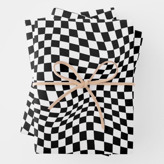 Wavy Checked Schwarz-weiß Checkerboard Geschenkpapier Set (Beispiel)