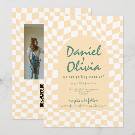 Wavy Checkered Pattern mit Foto Hochzeit Einladung (Vorne/Hinten)