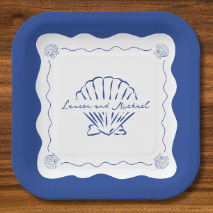 Wavy Coastal Moderne Minimalistisch Navy Blue Wedd Pappteller