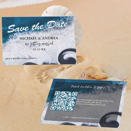 Wavy Dark Blue Ocean Save the Date Beach Hochzeit