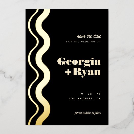 Wavy Edge Modern Retro Black Save the Date Real Folieneinladung (Vorderseite)