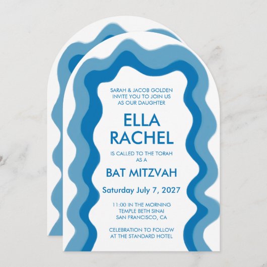 Wavy Frame Arch Modern Custom QR Bar Bat Mitzvah Einladung (Vorne/Hinten)