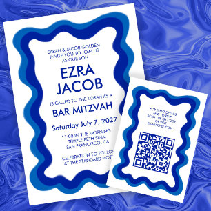 Wavy Frame Chic Moderne Custom QR Bar Bat Mitzvah Begleitkarte