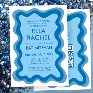 Wavy Frame Modern Custom QR CODE Bar Bat Mitzvah Einladung