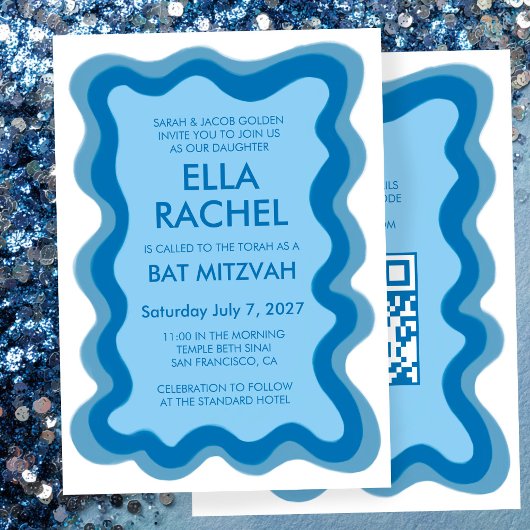 Wavy Frame Modern Custom QR CODE Bar Bat Mitzvah Einladung