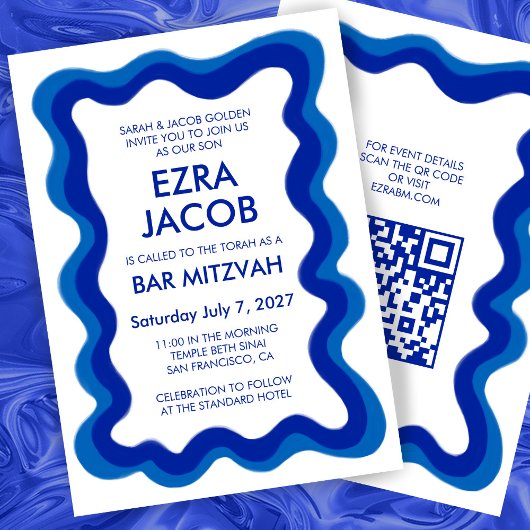 Wavy Frame Modern Custom QR CODE Bar Bat Mitzvah Einladung