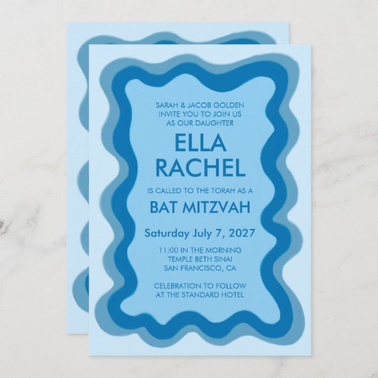 Wavy Frame Modern Custom QR CODE Bar Bat Mitzvah Einladung (Vorne/Hinten)
