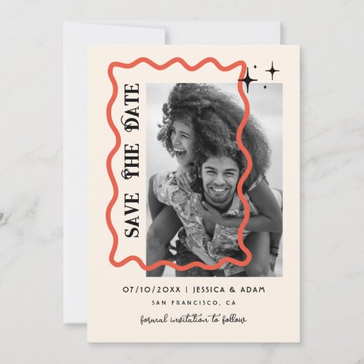 Wavy Frame Retro Wedding Foto Save the Date Einladung (Vorderseite)