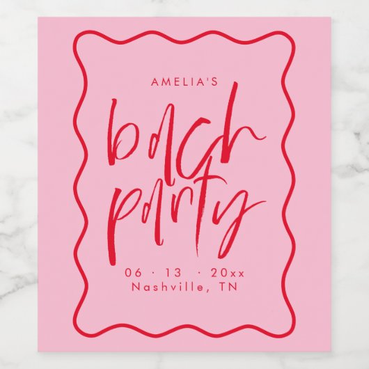 Wavy Frame Rot und Rosa Bachelorette Weingunst Weinetikett (Einzelnes Label)