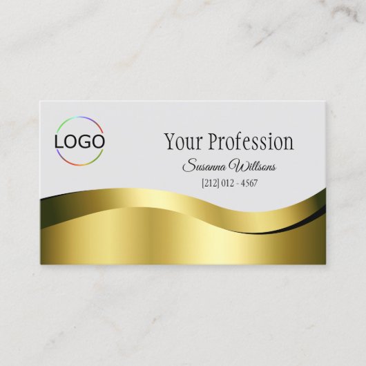 Wavy Gold Dekoration auf hellgrau mit Logo QR Code Visitenkarte (Vorderseite)
