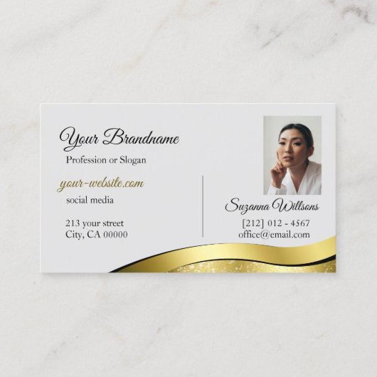 Wavy Gold Dekoration auf Monogram-Foto für hellgra Visitenkarte (Rückseite)