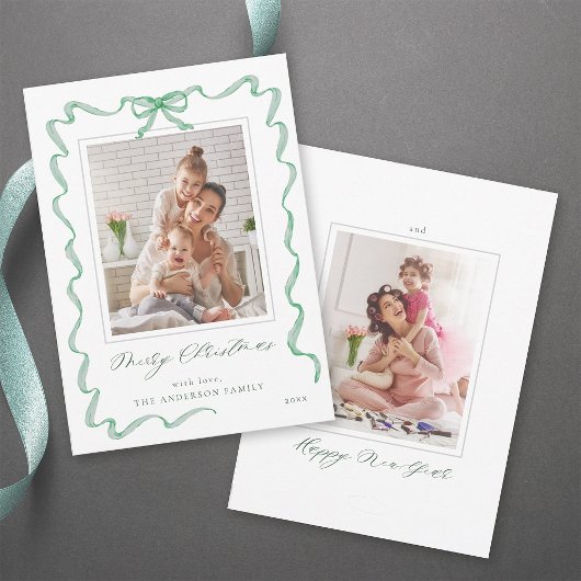 Wavy Green Ribbon Bow Frame 2 Foto Weihnachten