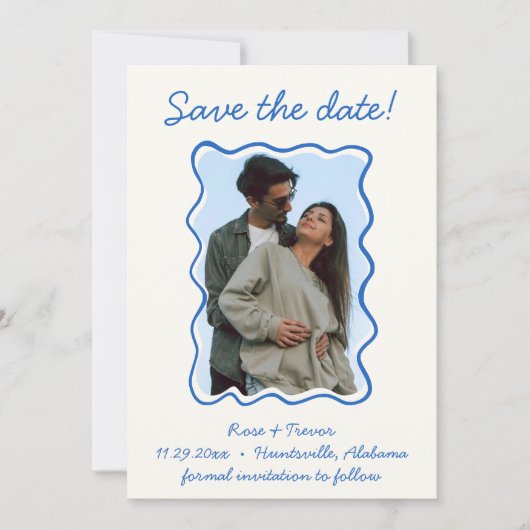 Wavy Hand Drawing Blue Border Save the Date Foto Einladung (Vorderseite)