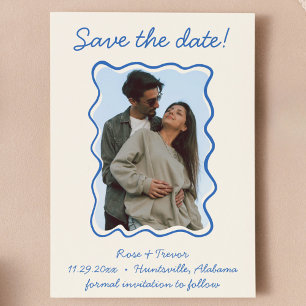 Wavy Hand Drawing Blue Border Save the Date Foto Einladung