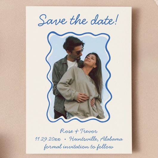 Wavy Hand Drawing Blue Border Save the Date Foto Einladung