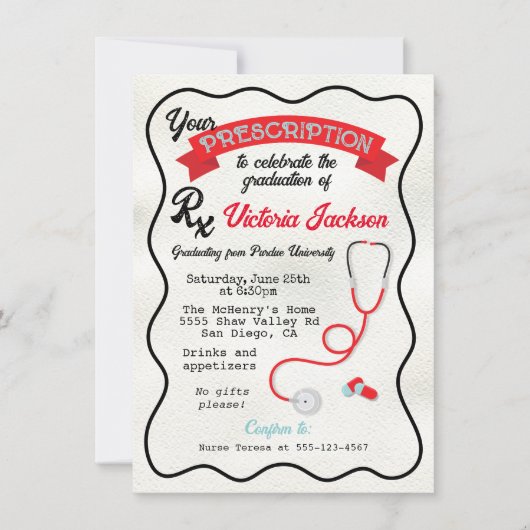 Wavy Hand gezeichneter medizinischer Abschluss Einladung (Vorderseite)