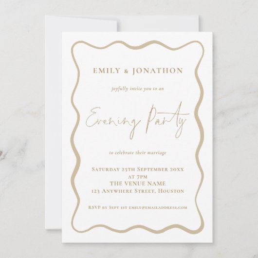 Wavy Line Border Gold Script Wedding Abend Party Einladung (Vorderseite)
