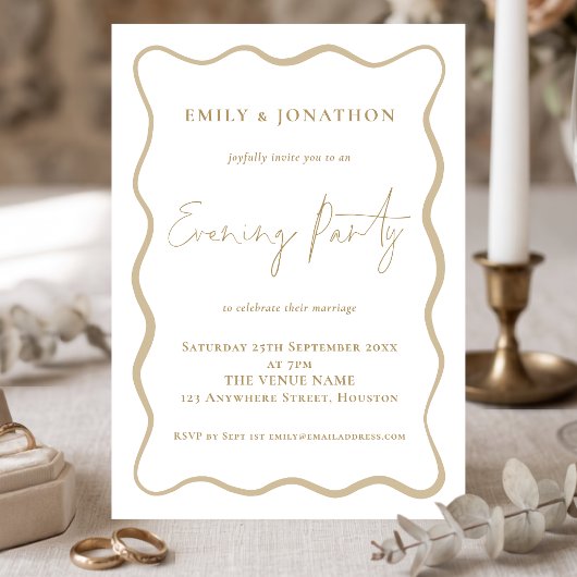 Wavy Line Border Gold Script Wedding Abend Party Einladung