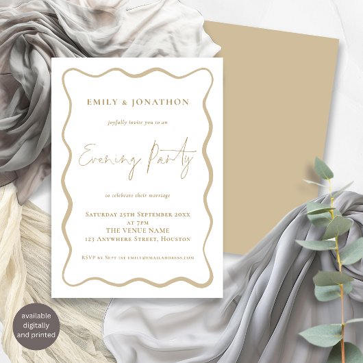 Wavy Line Border Gold Script Wedding Abend Party Einladung