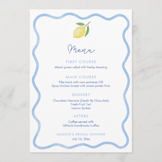 Wavy Line Border Lemon Polterabend Platzkarte Menükarte (Vorderseite)