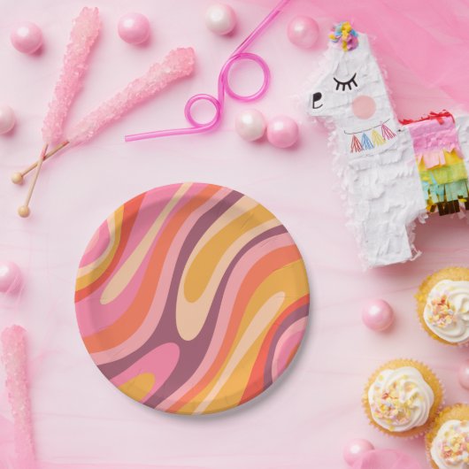 Wavy Loops Groovy Retro Abstraktes Muster Pappteller (Party)