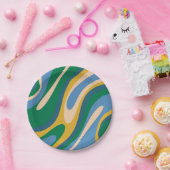 Wavy Loops Retro Abstraktes Muster Blau Grün Pappteller (Party)