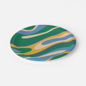 Wavy Loops Retro Abstraktes Muster Blau Grün Pappteller (Schrägansicht)