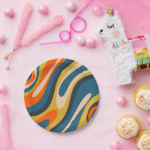 Wavy Loops Retro Abstraktes Muster Blau Orange Pappteller (Party)