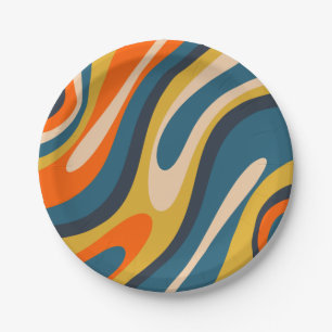 Wavy Loops Retro Abstraktes Muster Blau Orange Pappteller