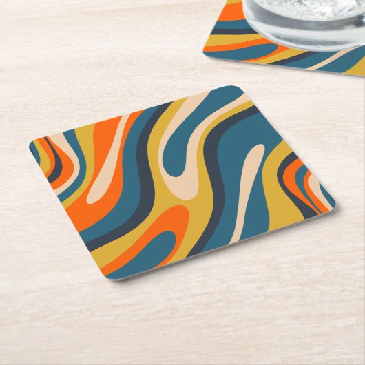Wavy Loops Retro Abstraktes Muster Blau Orange Rechteckiger Pappuntersetzer (angewinkelt)