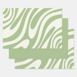 Wavy Loops Retro-Abstraktes Muster in Light Sage Geschenkpapier Set
