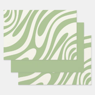 Wavy Loops Retro-Abstraktes Muster in Light Sage Geschenkpapier Set