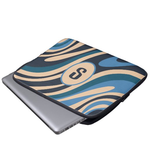 Wavy Loops Retro Abstraktes Muster Initial Blue Laptopschutzhülle (Vorne Knopf)