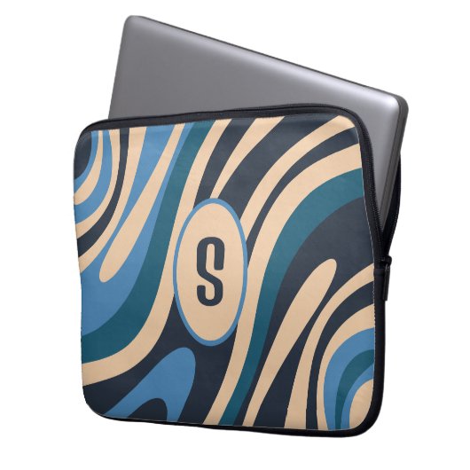 Wavy Loops Retro Abstraktes Muster Initial Blue Laptopschutzhülle (Vorderseite Links)