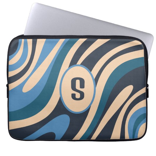 Wavy Loops Retro Abstraktes Muster Initial Blue Laptopschutzhülle (Vorderseite)