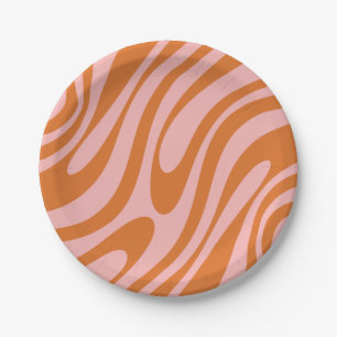 Wavy Loops Retro Abstraktes Muster Rosa Orange Pappteller